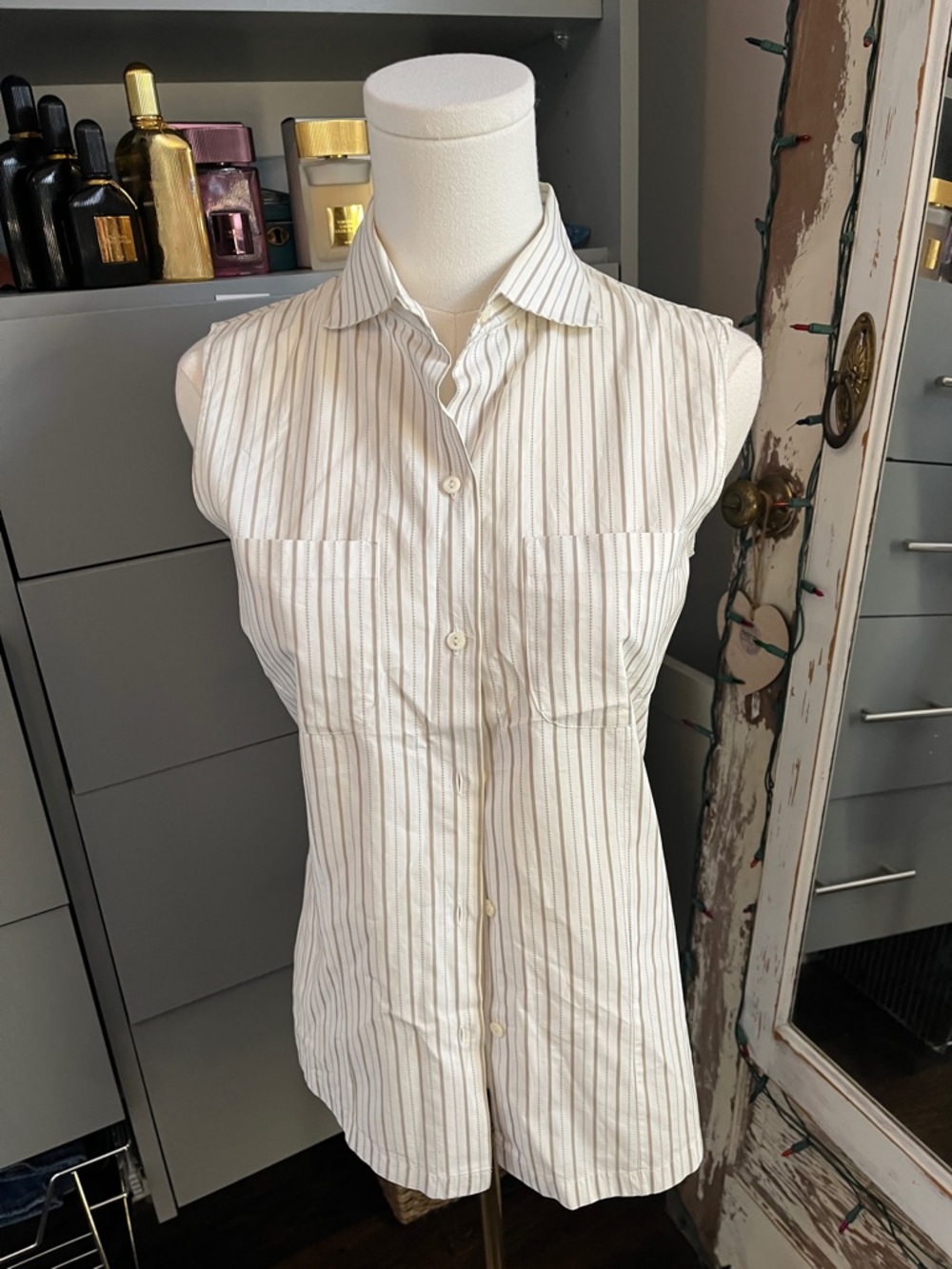 Loro Piana White Sleeveless Pinstripe Button-Down Shirt